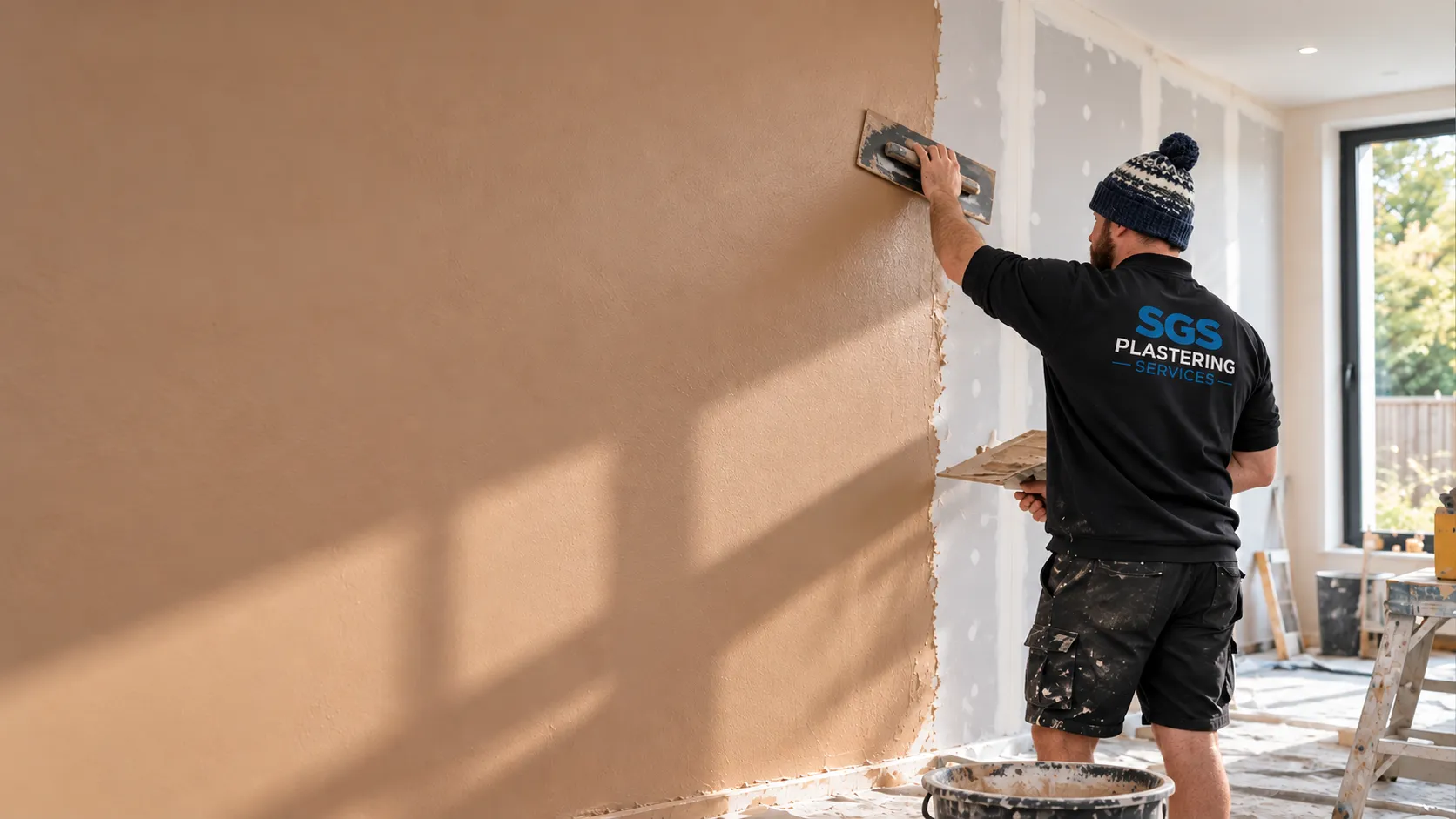 SGS plasterer skimming a wall